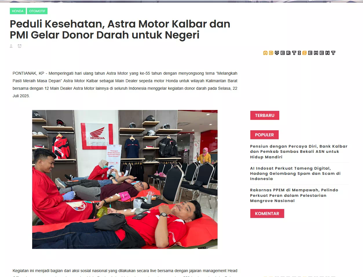 Peduli Kesehatan, Astra Motor Kalbar dan PMI Gelar Donor Darah untuk Negeri