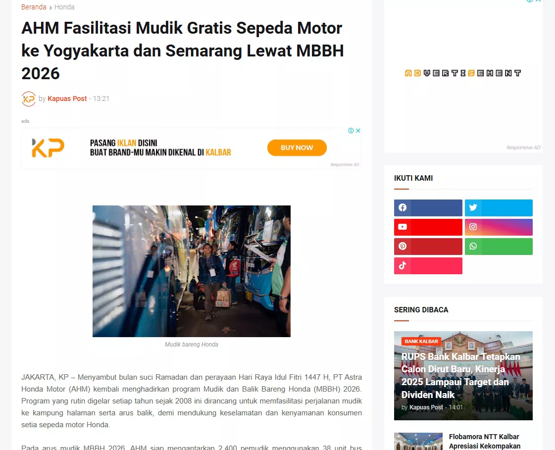 AHM Fasilitasi Mudik Gratis Sepeda Motor ke Yogyakarta dan Semarang Lewat MBBH 2026