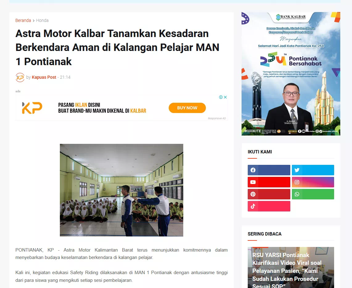 Astra Motor Kalbar Tanamkan Kesadaran Berkendara Aman di Kalangan Pelajar MAN 1 Pontianak