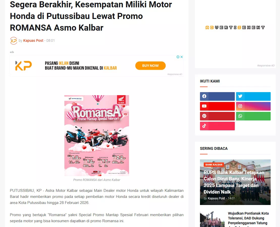 Segera Berakhir, Kesempatan Miliki Motor Honda di Putussibau Lewat Promo ROMANSA Asmo Kalbar