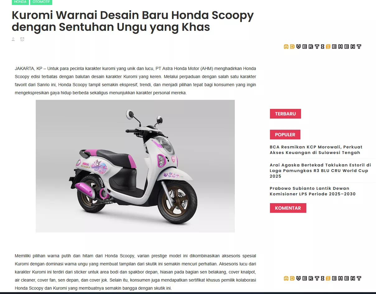 Kuromi Warnai Desain Baru Honda Scoopy dengan Sentuhan Ungu yang Khas