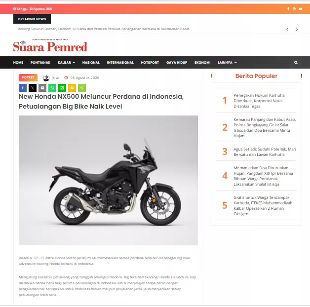 New Honda NX500 Meluncur Perdana di Indonesia, Petualangan Big Bike Naik Level