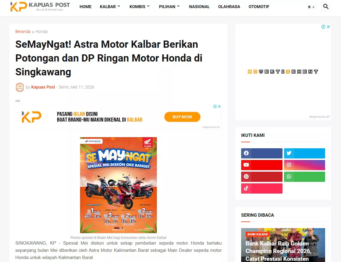SeMayNgat! Astra Motor Kalbar Berikan Potongan dan DP Ringan Motor Honda di Singkawang