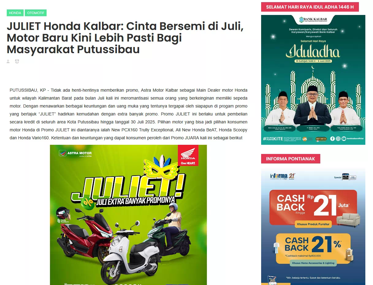 JULIET Honda Kalbar: Cinta Bersemi di Juli, Motor Baru Kini Lebih Pasti Bagi Masyarakat Putussibau