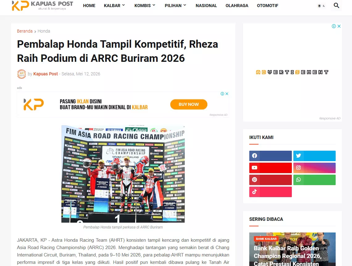 Pembalap Honda Tampil Kompetitif, Rheza Raih Podium di ARRC Buriram 2026