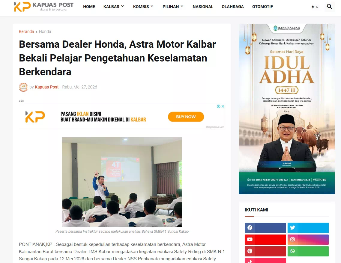 Bersama Dealer Honda, Astra Motor Kalbar Bekali Pelajar Pengetahuan Keselamatan Berkendara