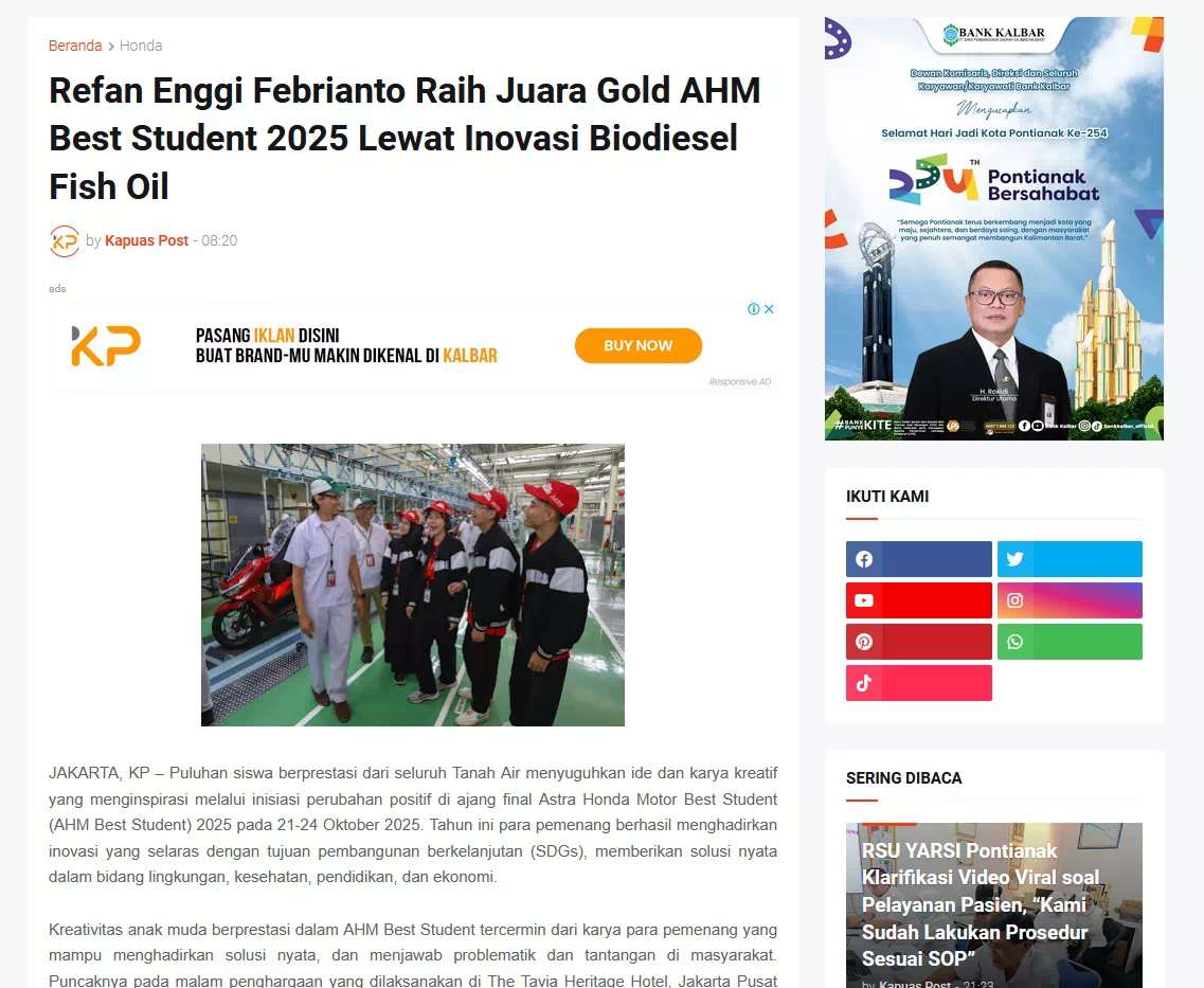 Refan Enggi Febrianto Raih Juara Gold AHM Best Student 2025 Lewat Inovasi Biodiesel Fish Oil