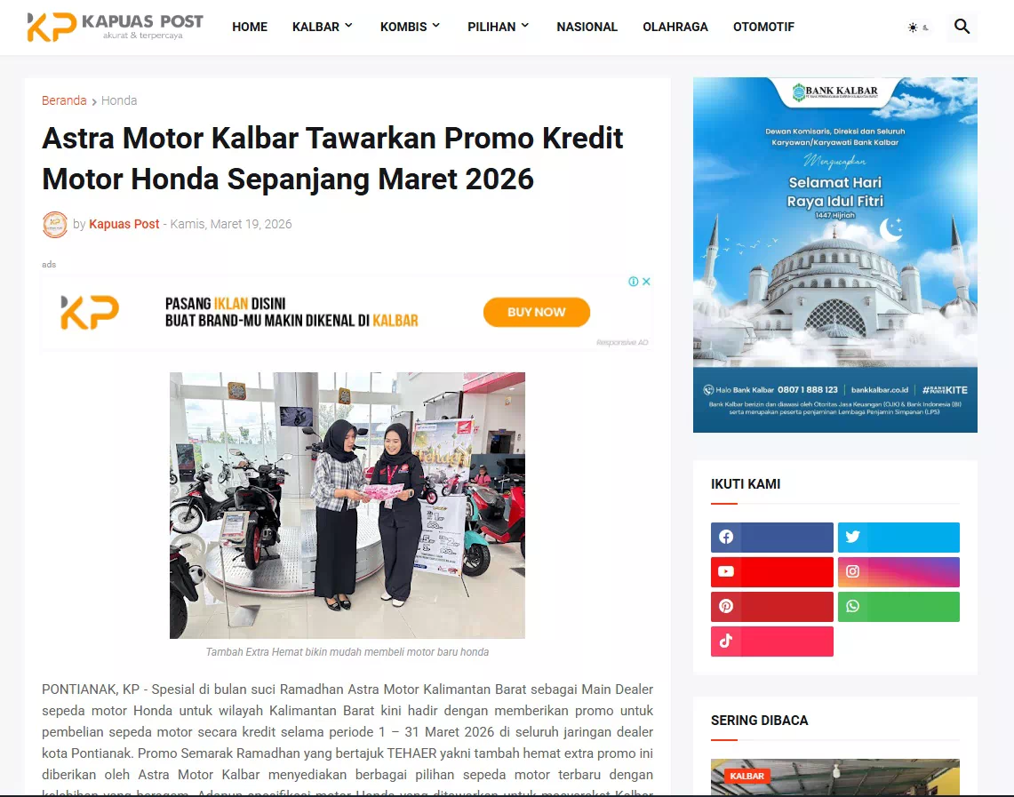 Astra Motor Kalbar Tawarkan Promo Kredit Motor Honda Sepanjang Maret 2026