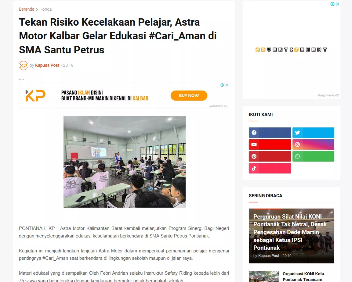 Tekan Risiko Kecelakaan Pelajar, Astra Motor Kalbar Gelar Edukasi #Cari_Aman di SMA Santu Petrus