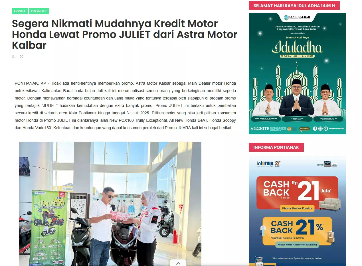 Segera Nikmati Mudahnya Kredit Motor Honda Lewat Promo JULIET dari Astra Motor Kalbar