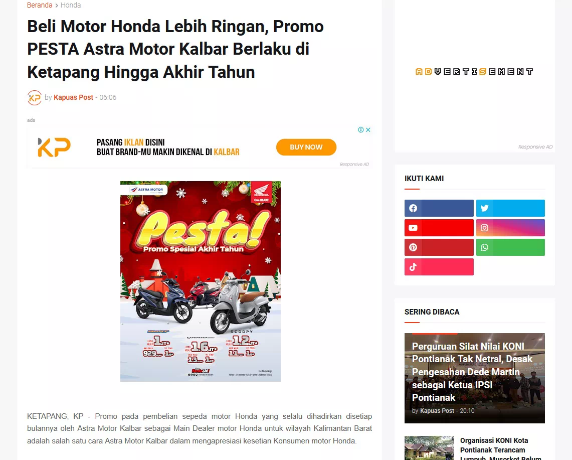 Beli Motor Honda Lebih Ringan, Promo PESTA Astra Motor Kalbar Berlaku di Ketapang Hingga Akhir Tahun