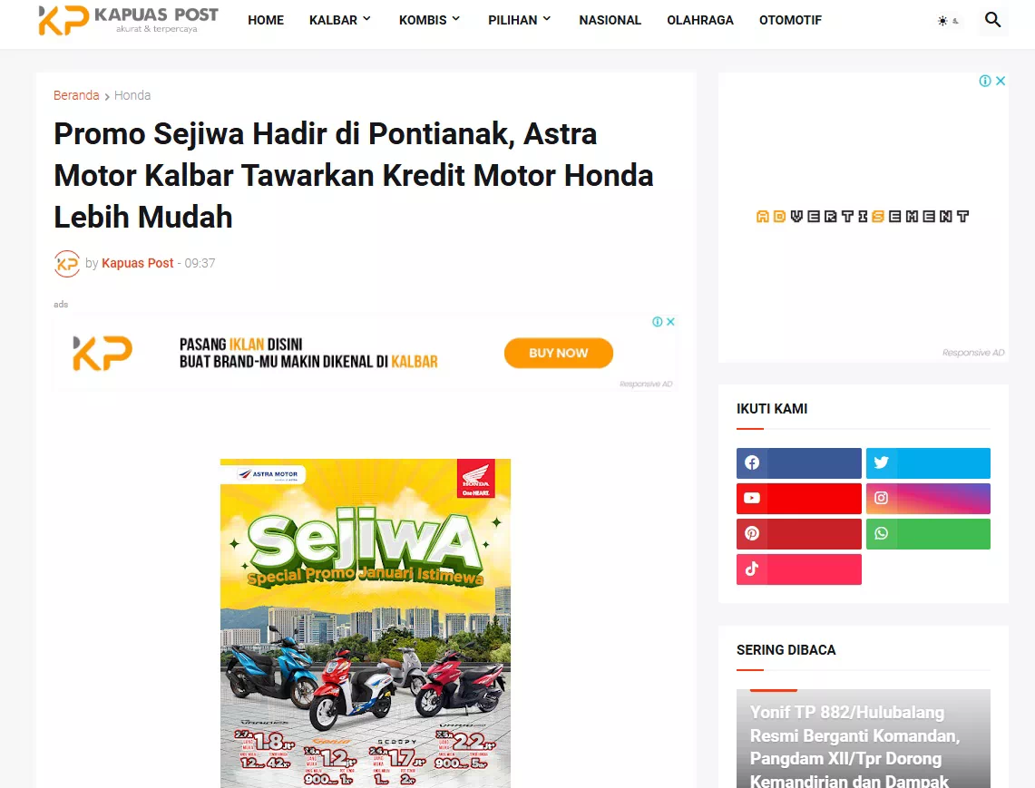 Promo Sejiwa Hadir di Pontianak, Astra Motor Kalbar Tawarkan Kredit Motor Honda Lebih Mudah
