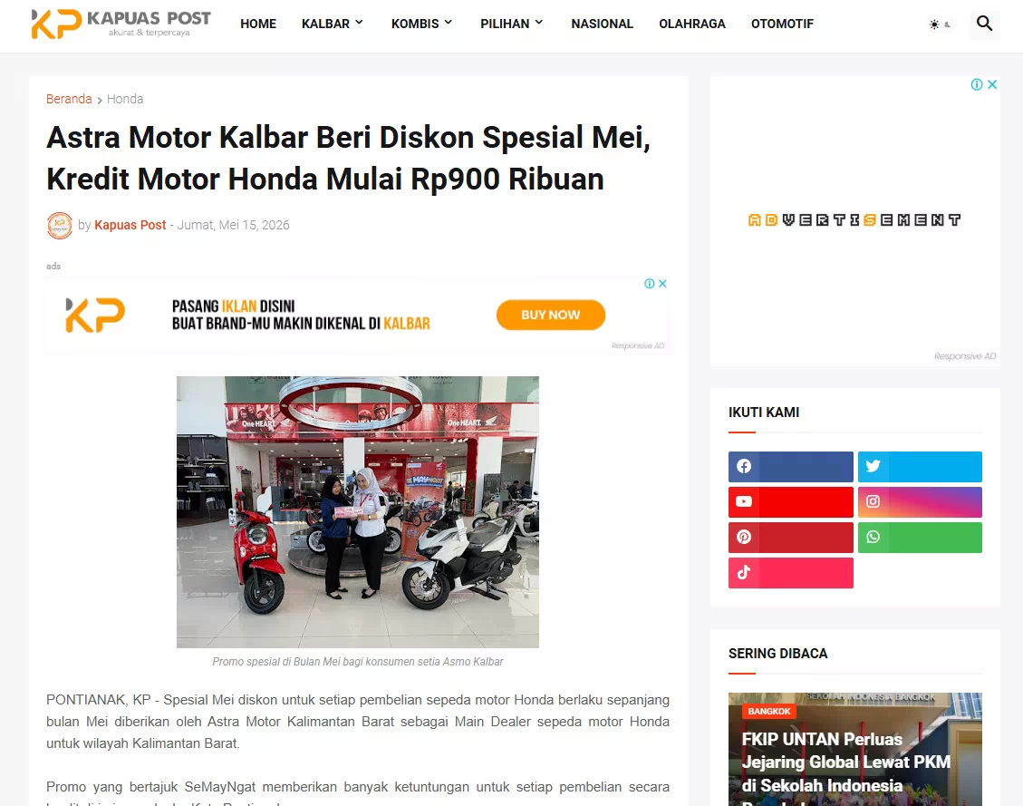 Astra Motor Kalbar Beri Diskon Spesial Mei, Kredit Motor Honda Mulai Rp900 Ribuan