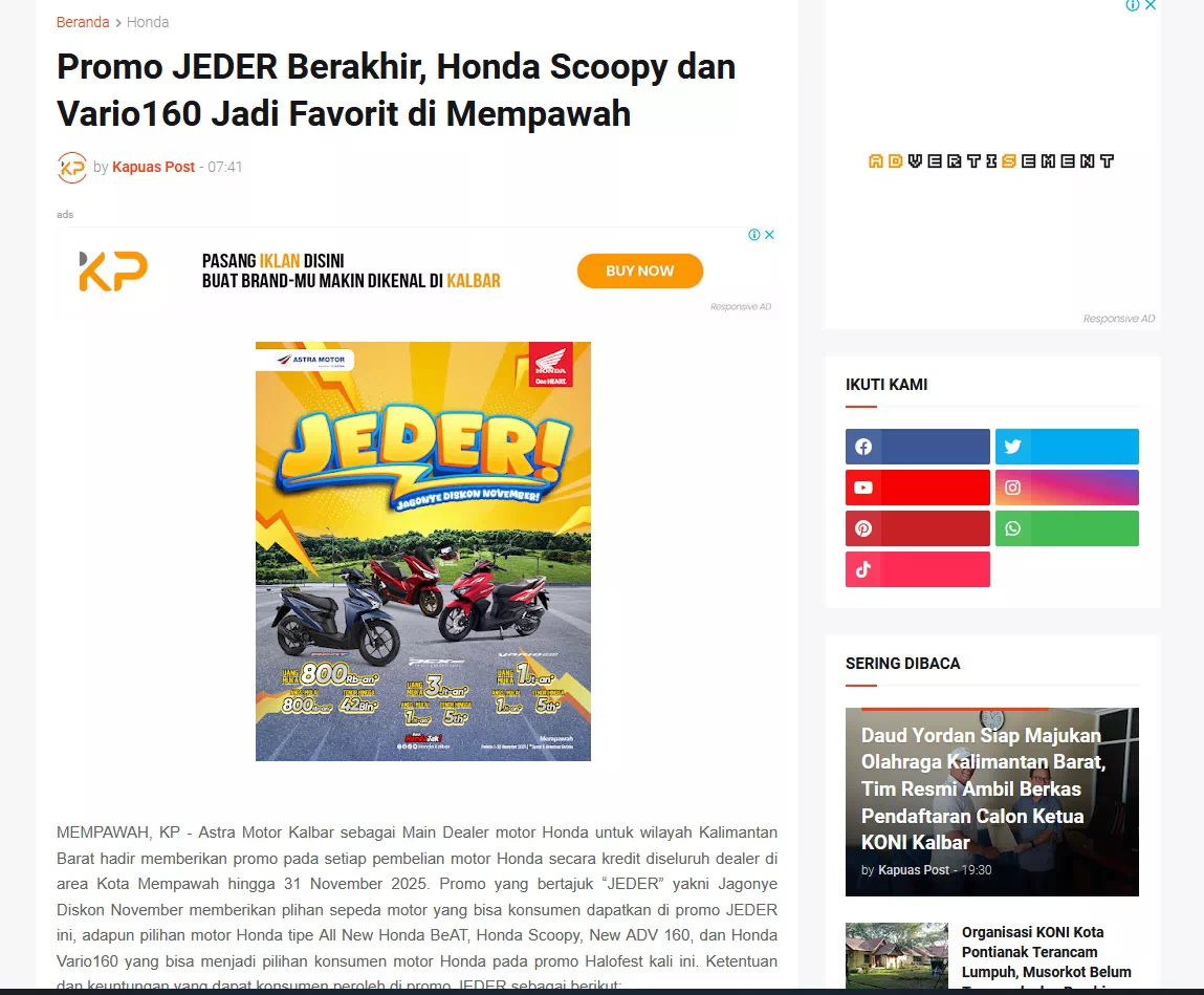 Promo JEDER Berakhir, Honda Scoopy dan Vario160 Jadi Favorit di Mempawah