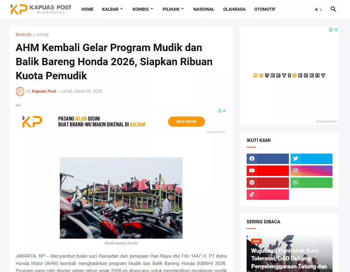 AHM Kembali Gelar Program Mudik dan Balik Bareng Honda 2026, Siapkan Ribuan Kuota Pemudik