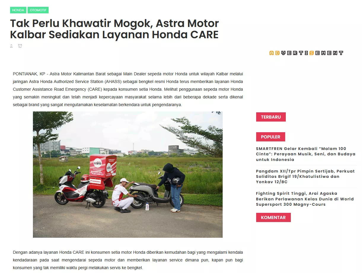 Tak Perlu Khawatir Mogok, Astra Motor Kalbar Sediakan Layanan Honda CARE