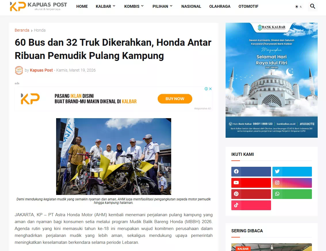 60 Bus dan 32 Truk Dikerahkan, Honda Antar Ribuan Pemudik Pulang Kampung
