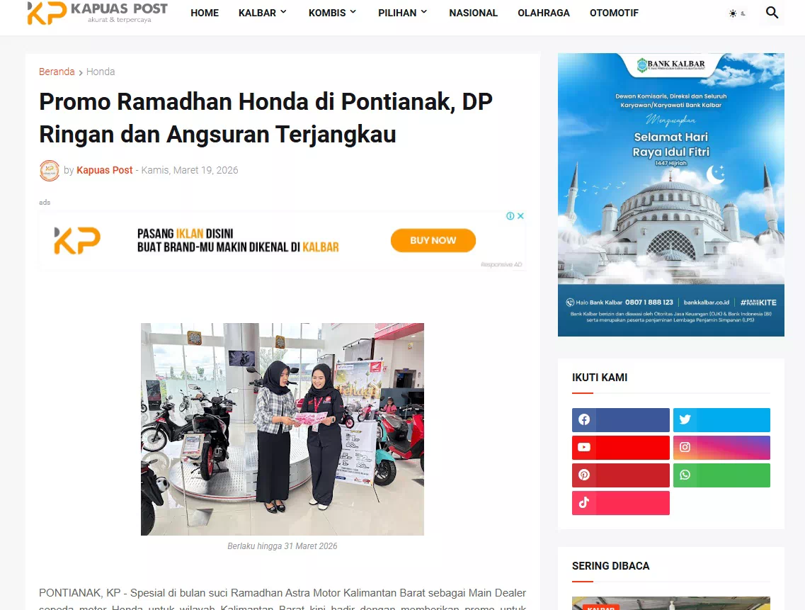Promo Ramadhan Honda di Pontianak, DP Ringan dan Angsuran Terjangkau