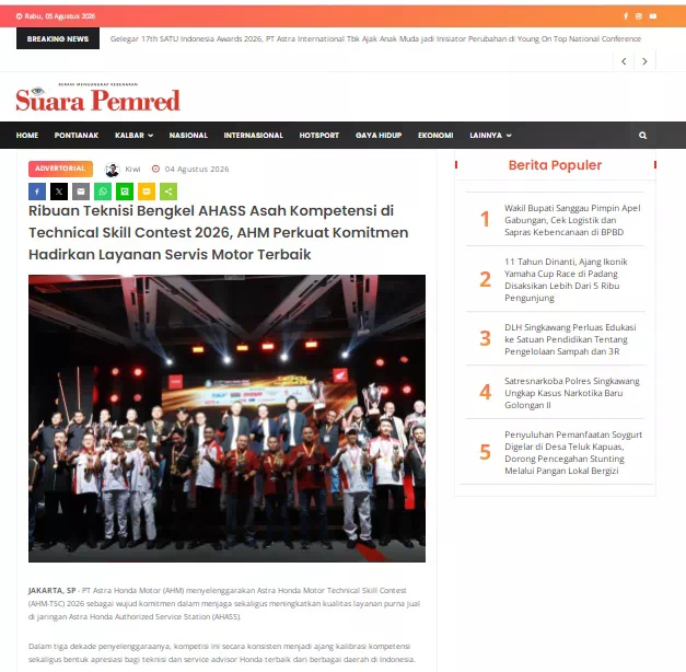 Ribuan Teknisi Bengkel AHASS Asah Kompetensi di Technical Skill Contest 2026, AHM Perkuat Komitmen Hadirkan Layanan Servis Motor Terbaik