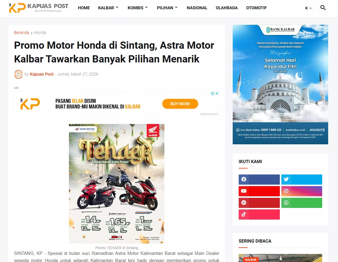 Promo Motor Honda di Sintang, Astra Motor Kalbar Tawarkan Banyak Pilihan Menarik