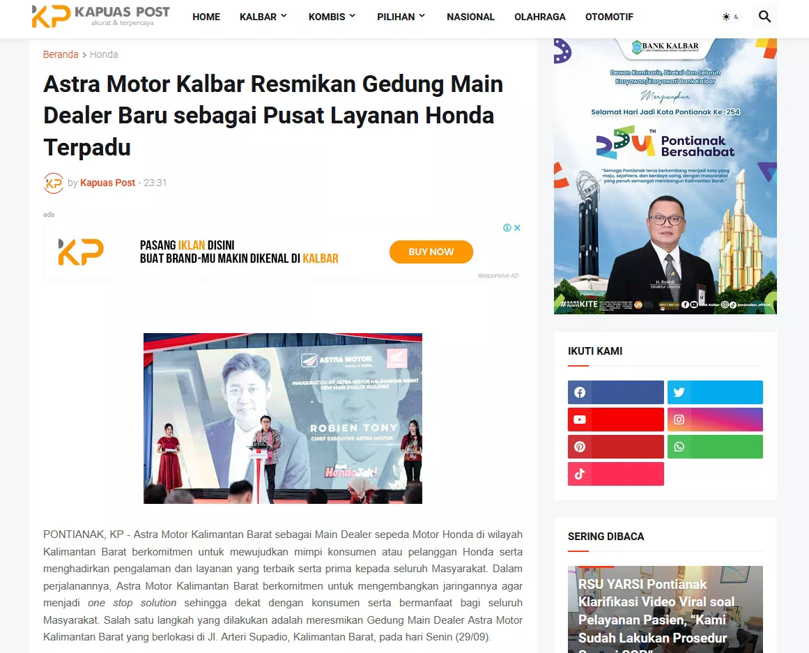 Astra Motor Kalbar Resmikan Gedung Main Dealer Baru sebagai Pusat Layanan Honda Terpadu