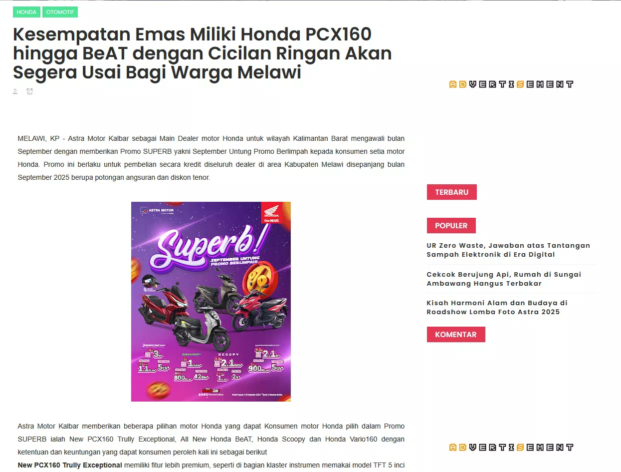 Kesempatan Emas Miliki Honda PCX160 hingga BeAT dengan Cicilan Ringan Akan Segera Usai Bagi Warga Melawi