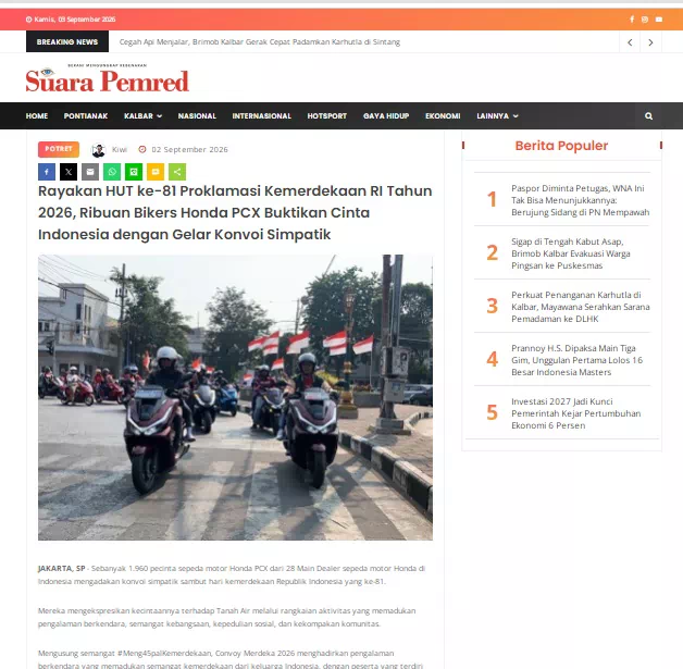 Rayakan HUT ke-81 Proklamasi Kemerdekaan RI Tahun 2026, Ribuan Bikers Honda PCX Buktikan Cinta Indonesia dengan Gelar Konvoi Simpatik