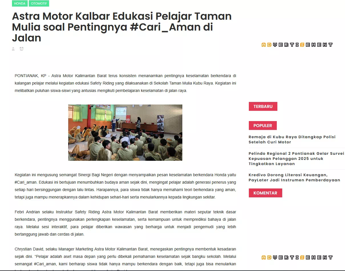 Astra Motor Kalbar Edukasi Pelajar Taman Mulia soal Pentingnya #Cari_Aman di Jalan