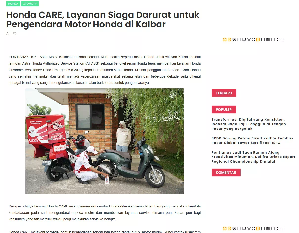 Honda CARE, Layanan Siaga Darurat untuk Pengendara Motor Honda di Kalbar