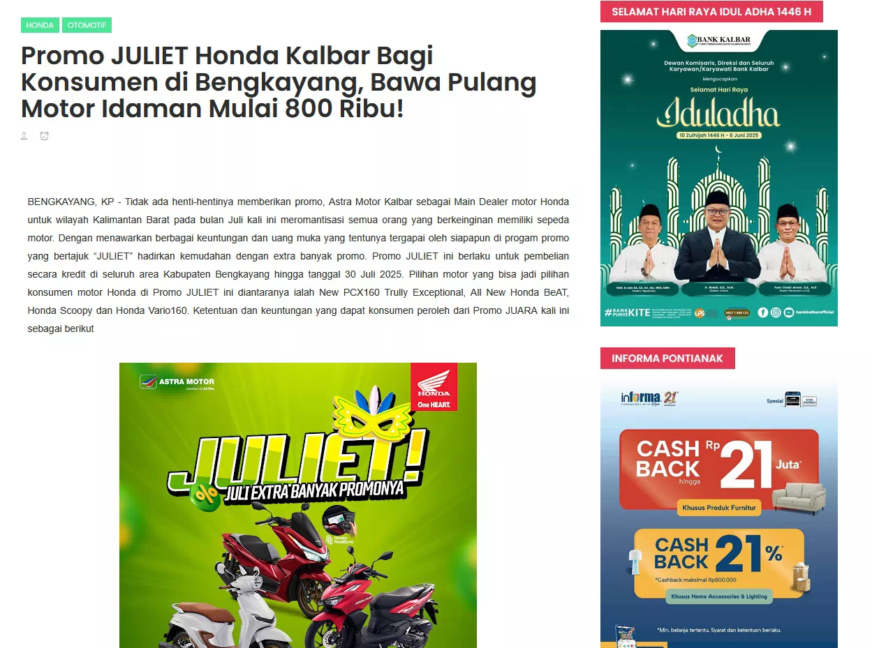 Promo JULIET Honda Kalbar Bagi Konsumen di Bengkayang, Bawa Pulang Motor Idaman Mulai 800 Ribu!