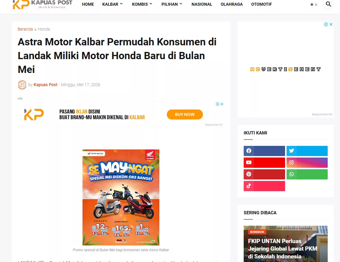 Astra Motor Kalbar Permudah Konsumen di Landak Miliki Motor Honda Baru di Bulan Mei