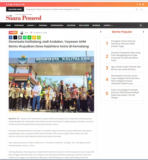 Ekowisata Kalitalang Jadi Andalan, Yayasan AHM Bantu Wujudkan Desa Sejahtera Astra di Kemalang