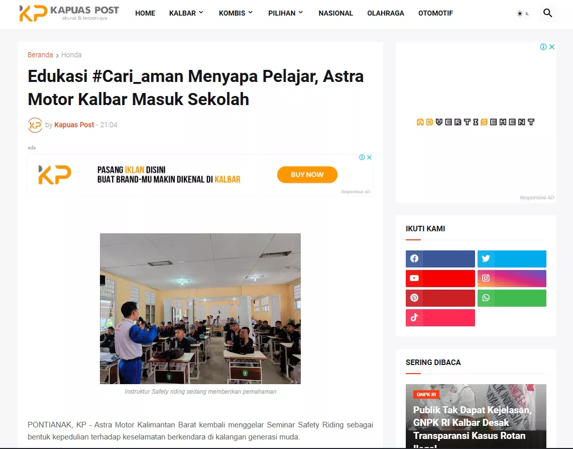 Edukasi #Cari_aman Menyapa Pelajar, Astra Motor Kalbar Masuk Sekolah