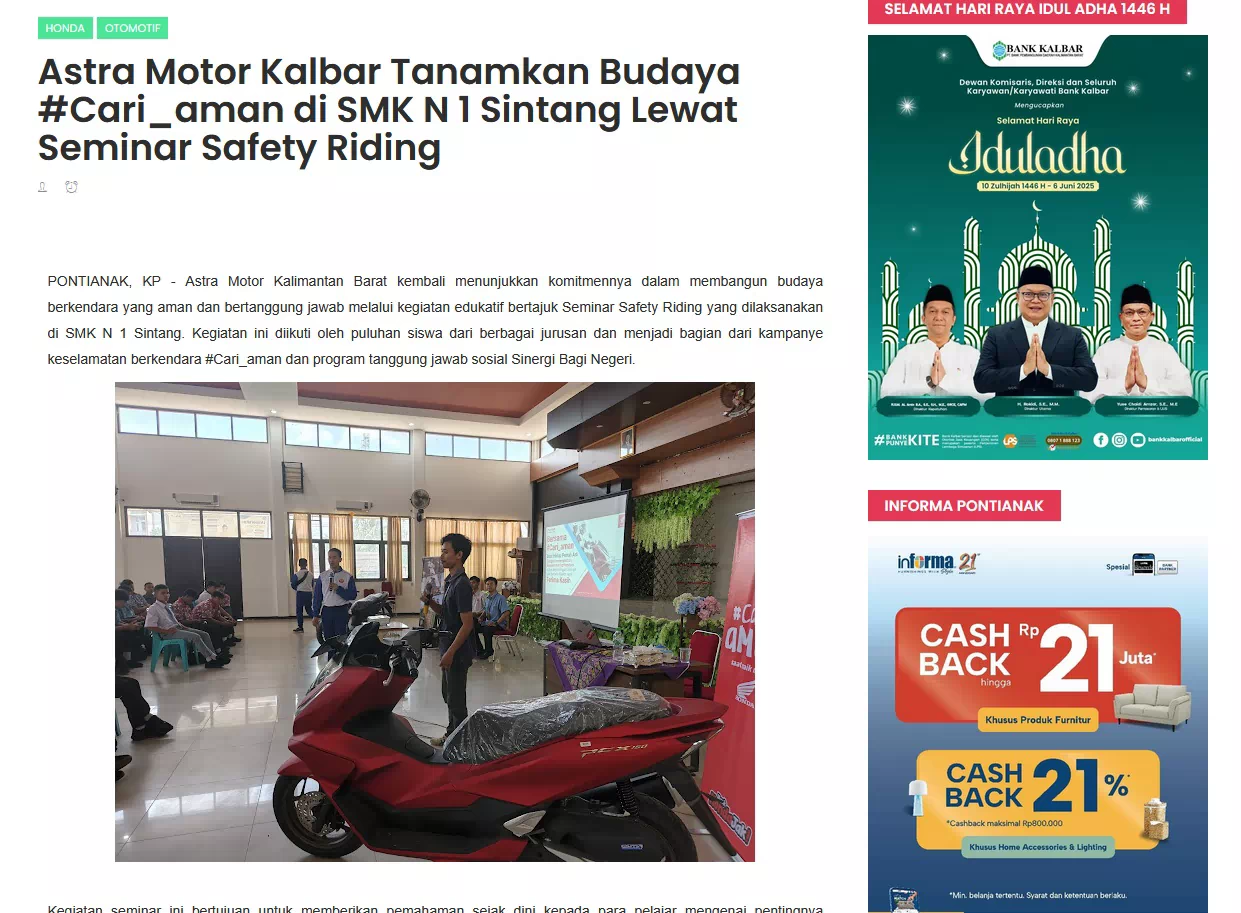 Astra Motor Kalbar Tanamkan Budaya #Cari_aman di SMK N 1 Sintang Lewat Seminar Safety Riding