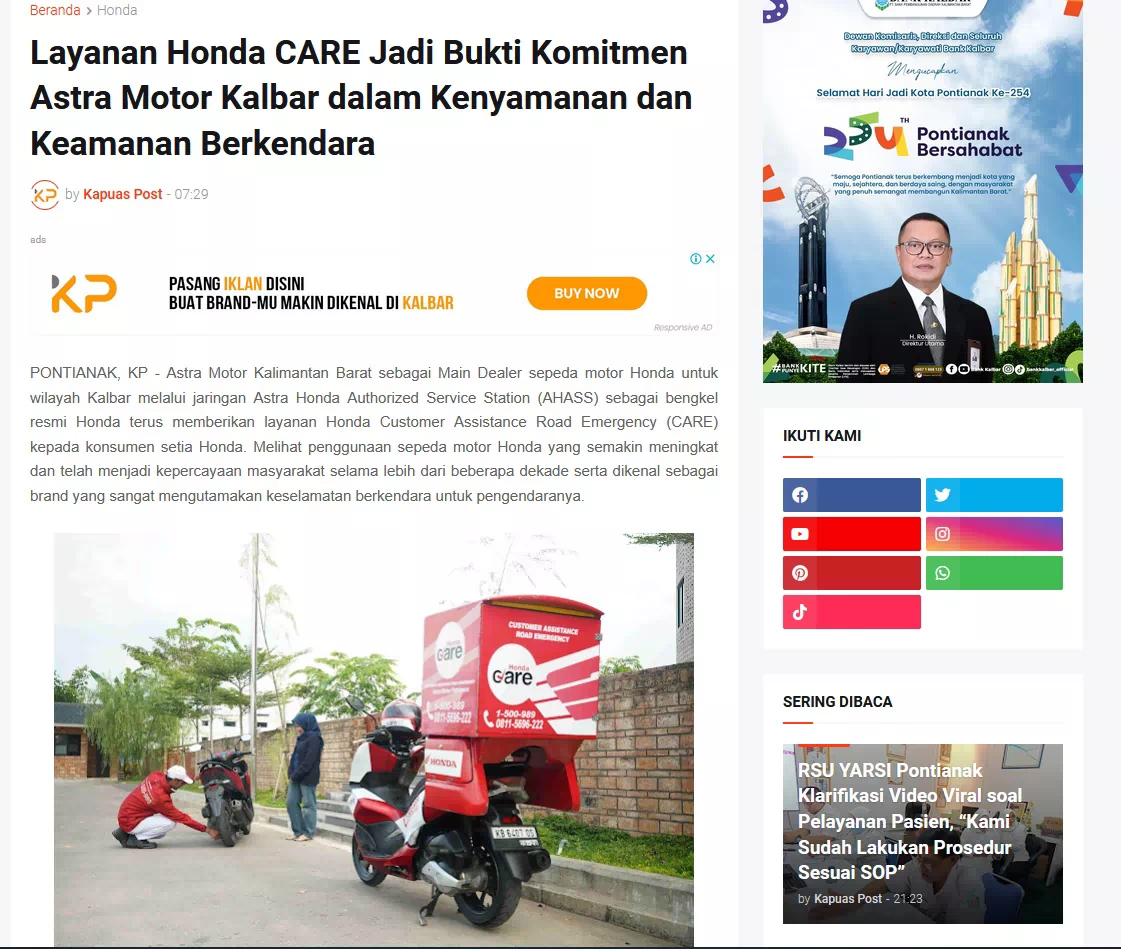 Layanan Honda CARE Jadi Bukti Komitmen Astra Motor Kalbar dalam Kenyamanan dan Keamanan Berkendara
