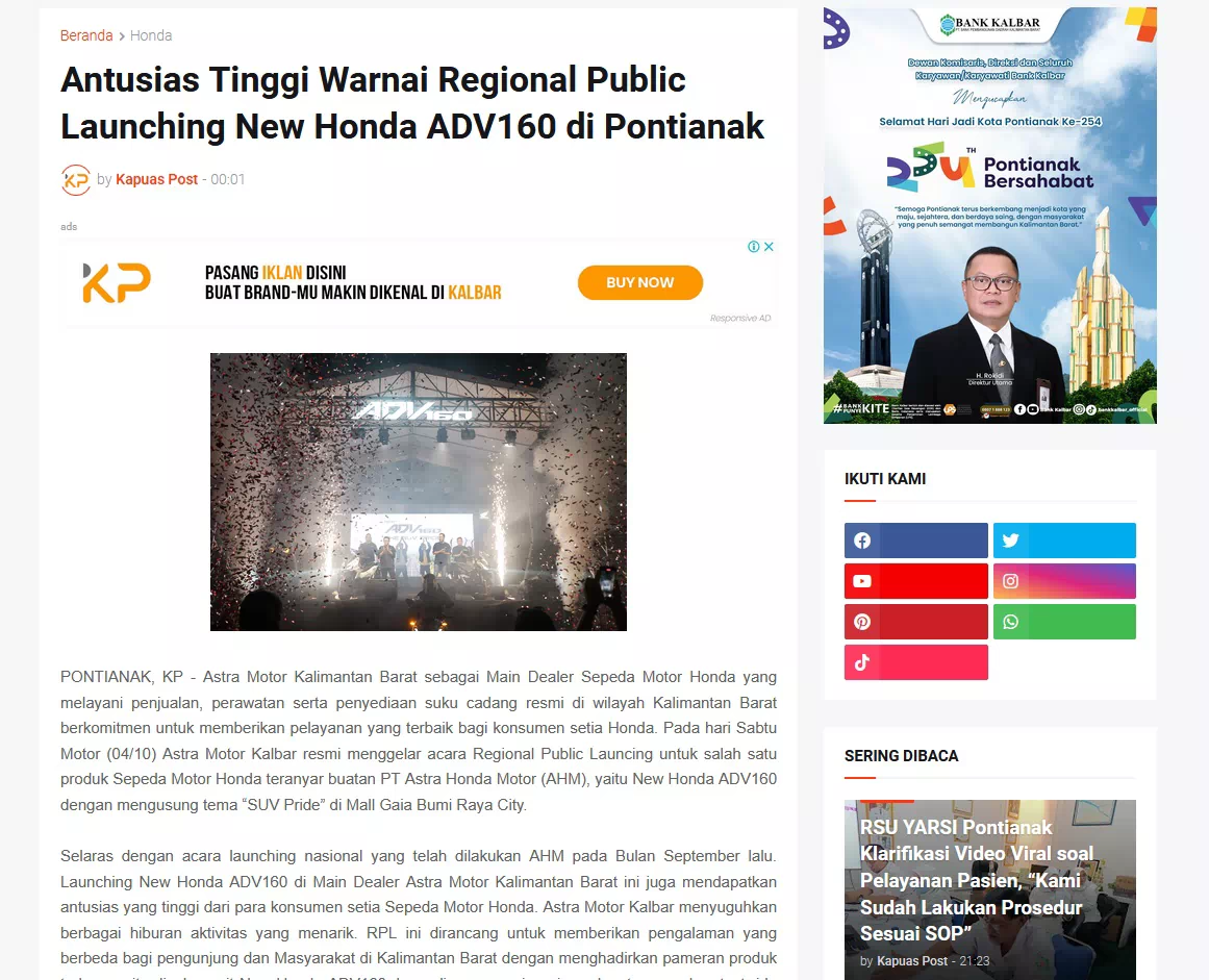 Antusias Tinggi Warnai Regional Public Launching New Honda ADV160 di Pontianak