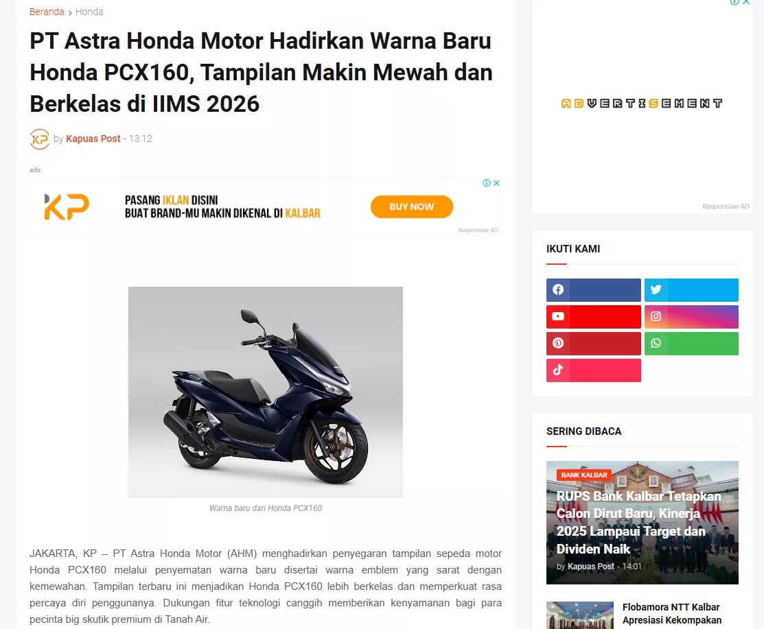 PT Astra Honda Motor Hadirkan Warna Baru Honda PCX160, Tampilan Makin Mewah dan Berkelas di IIMS 2026