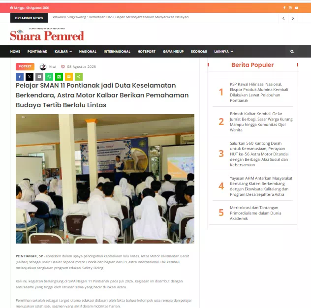 Pelajar SMAN 11 Pontianak jadi Duta Keselamatan Berkendara, Astra Motor Kalbar Berikan Pemahaman Budaya Tertib Berlalu Lintas