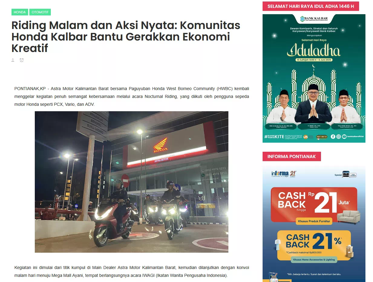 Riding Malam dan Aksi Nyata: Komunitas Honda Kalbar Bantu Gerakkan Ekonomi Kreatif