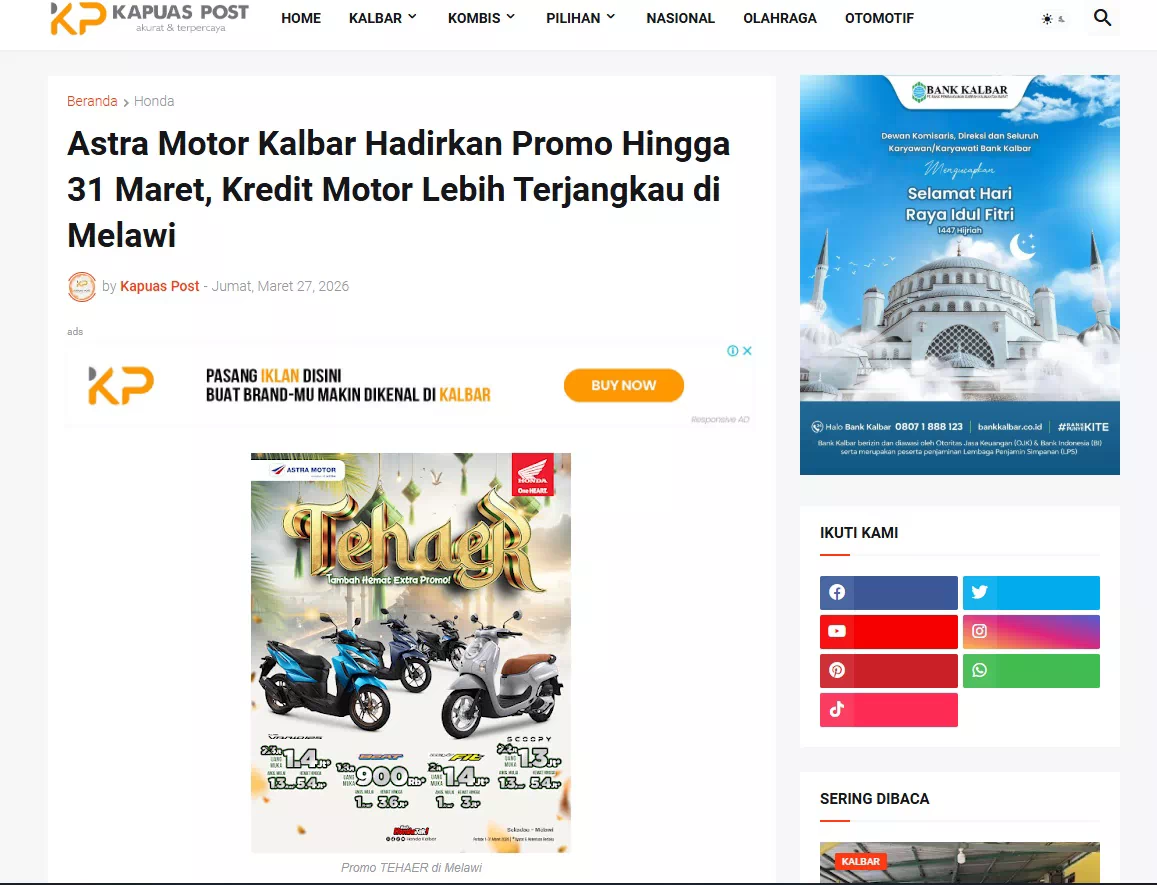 Astra Motor Kalbar Hadirkan Promo Hingga 31 Maret, Kredit Motor Lebih Terjangkau di Melawi
