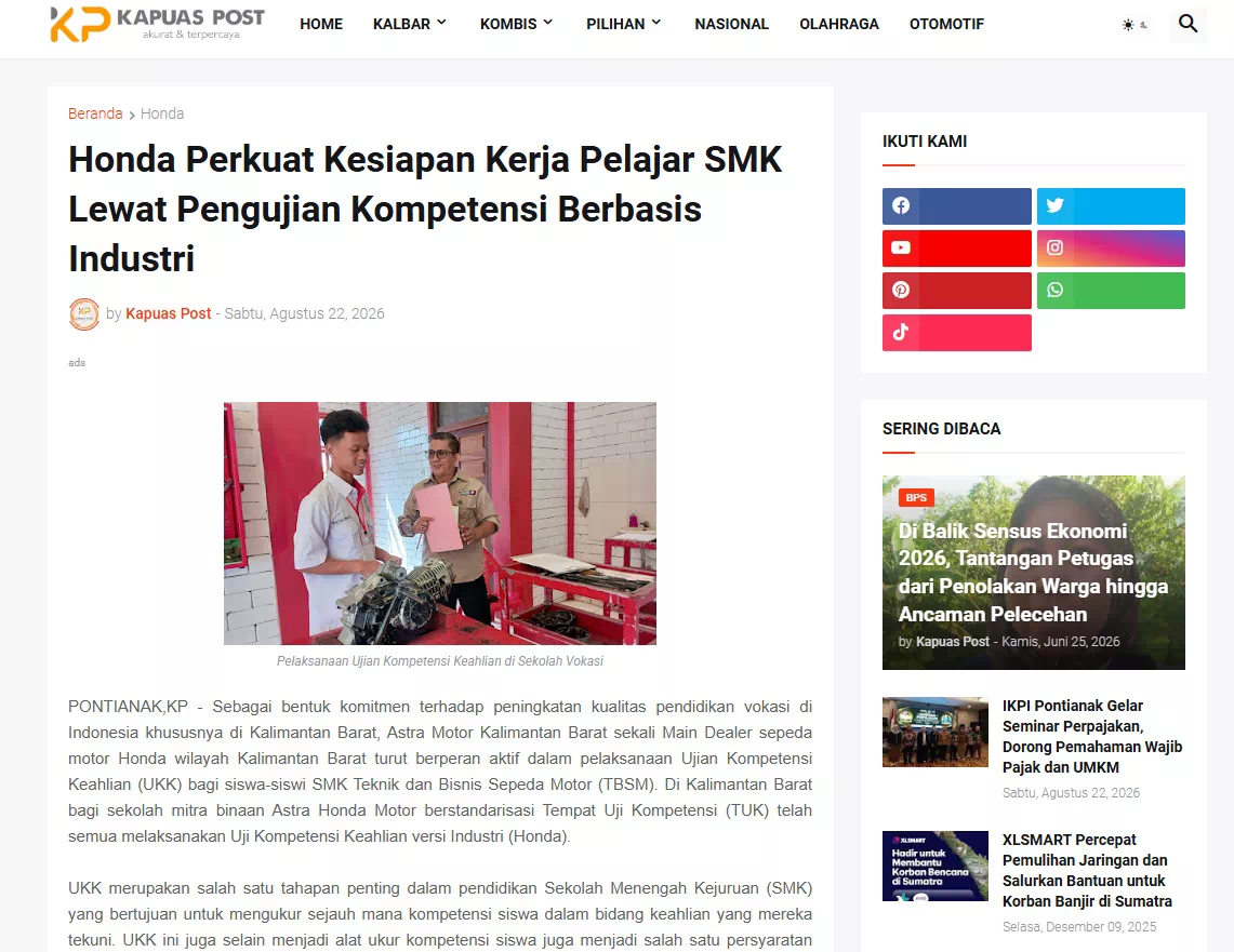Honda Perkuat Kesiapan Kerja Pelajar SMK Lewat Pengujian Kompetensi Berbasis Industri