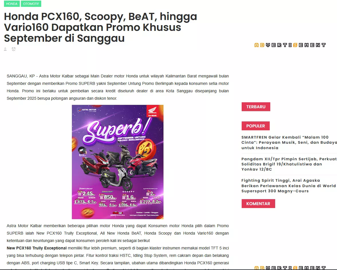 Honda PCX160, Scoopy, BeAT, hingga Vario160 Dapatkan Promo Khusus September di Sanggau