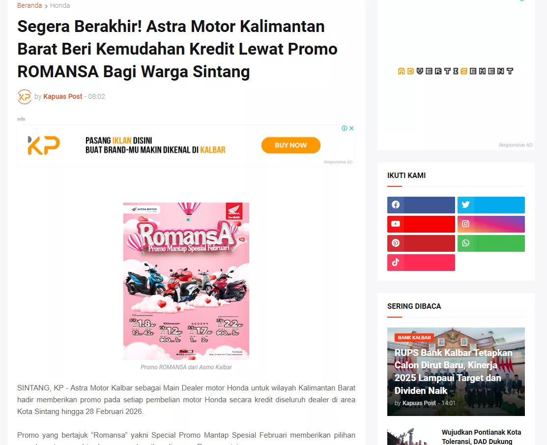 Segera Berakhir! Astra Motor Kalimantan Barat Beri Kemudahan Kredit Lewat Promo ROMANSA Bagi Warga Sintang