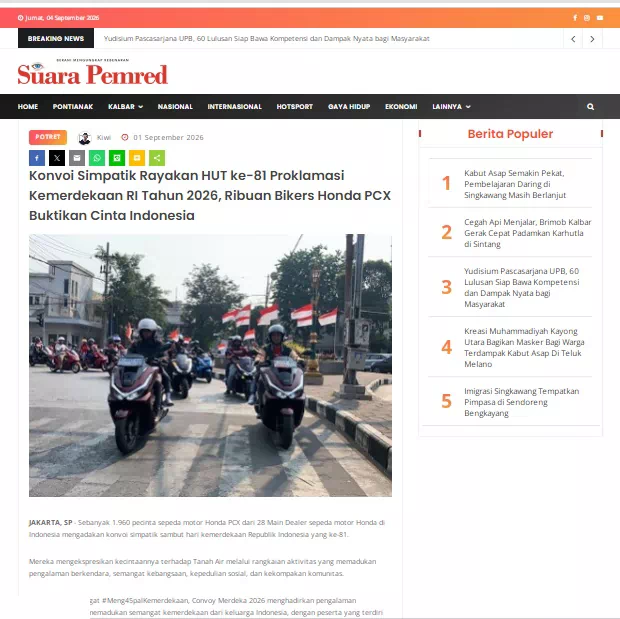 Konvoi Simpatik Rayakan HUT ke-81 Proklamasi Kemerdekaan RI Tahun 2026, Ribuan Bikers Honda PCX Buktikan Cinta Indonesia