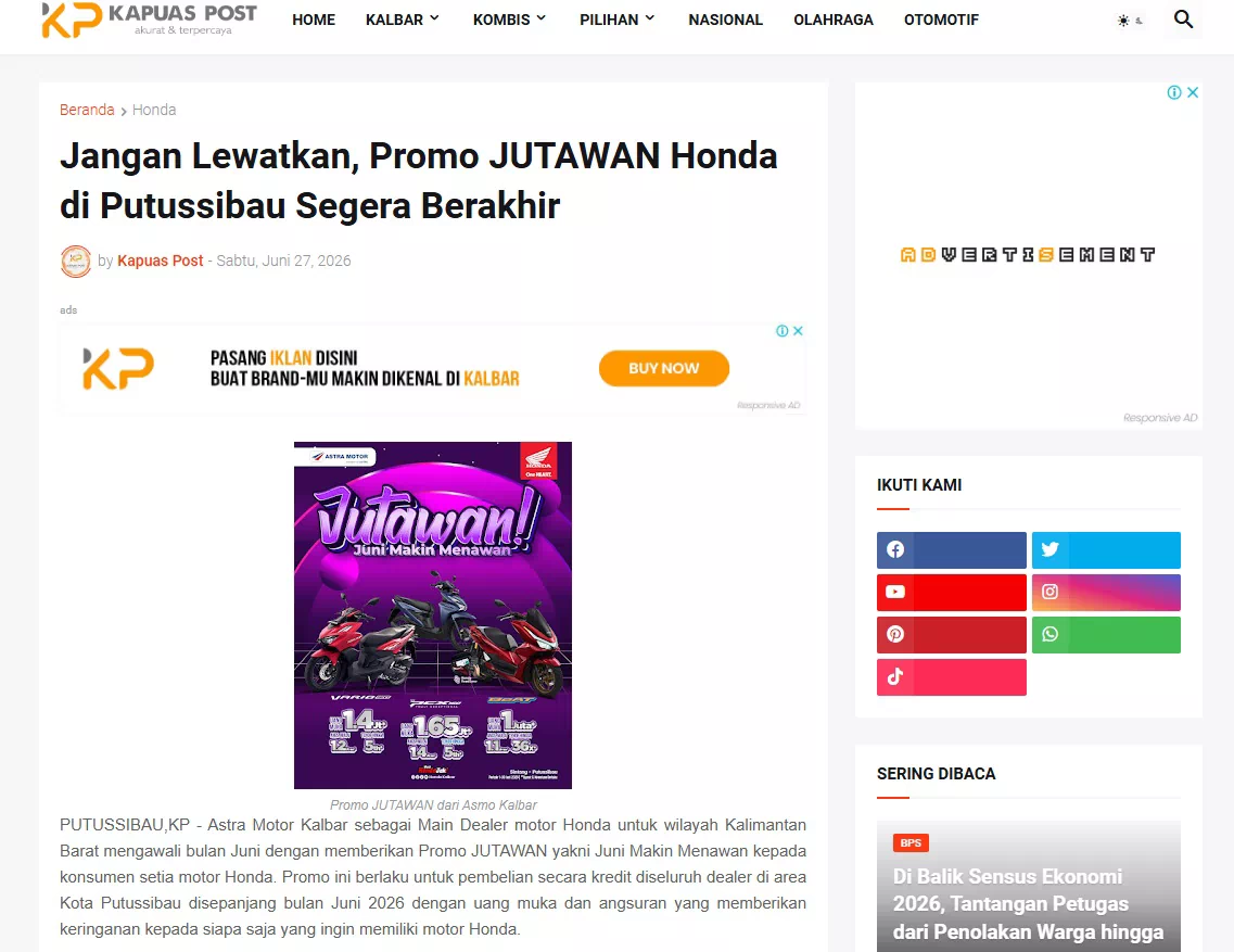 Jangan Lewatkan, Promo JUTAWAN Honda di Putussibau Segera Berakhir
