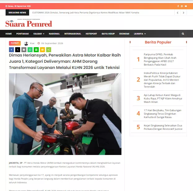 Dimas Heriansyah, Perwakilan Astra Motor Kalbar Raih Juara 1, Kategori Deliveryman: AHM Dorong Transformasi Layanan Melalui KLHN 2026 untik Teknisi