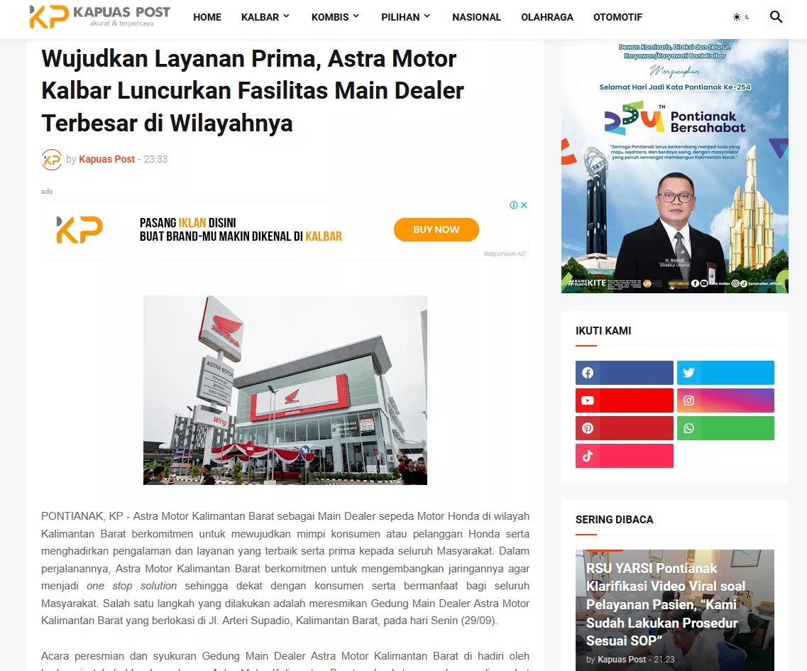 Wujudkan Layanan Prima, Astra Motor Kalbar Luncurkan Fasilitas Main Dealer Terbesar di Wilayahnya