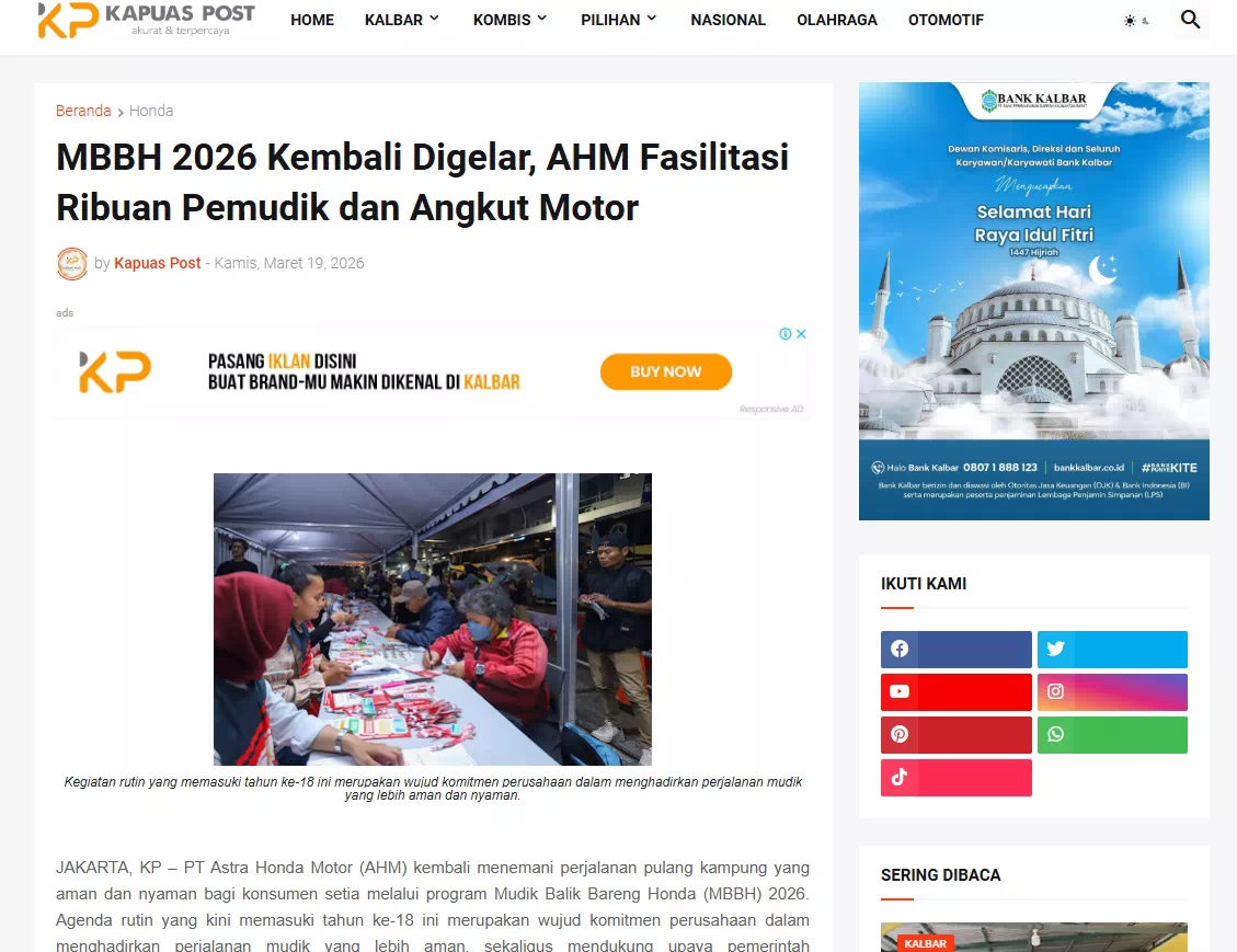 MBBH 2026 Kembali Digelar, AHM Fasilitasi Ribuan Pemudik dan Angkut Motor