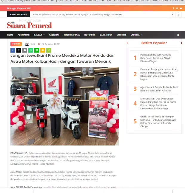 Jangan Lewatkan! Promo Merdeka Motor Honda dari Astra Motor Kalbar Hadir dengan Tawaran Menarik
