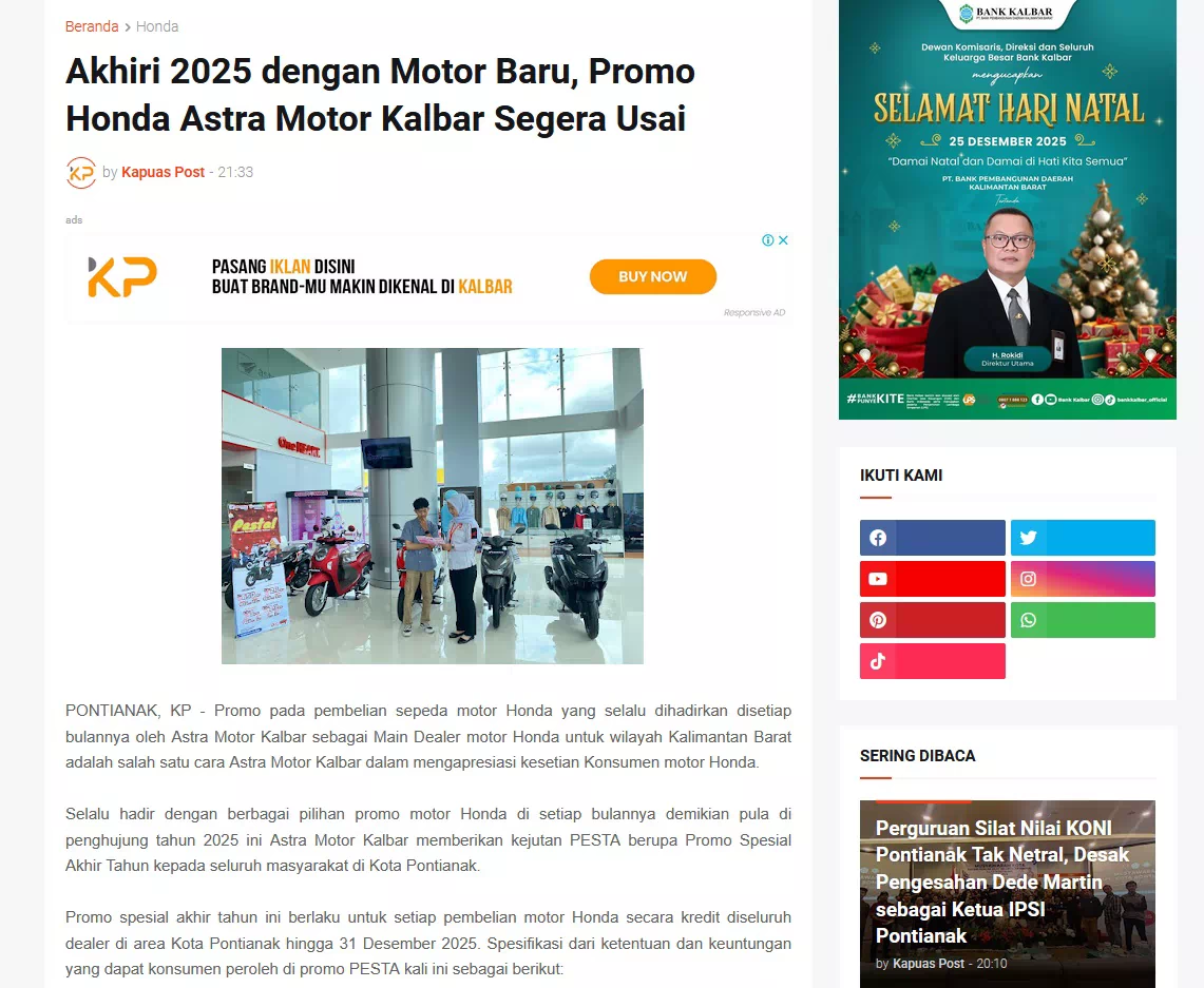 Akhiri 2025 dengan Motor Baru, Promo Honda Astra Motor Kalbar Segera Usai